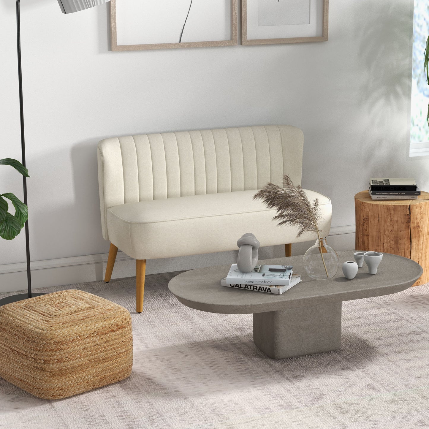 Canapé 2 places moderne tissu lin pieds bois
