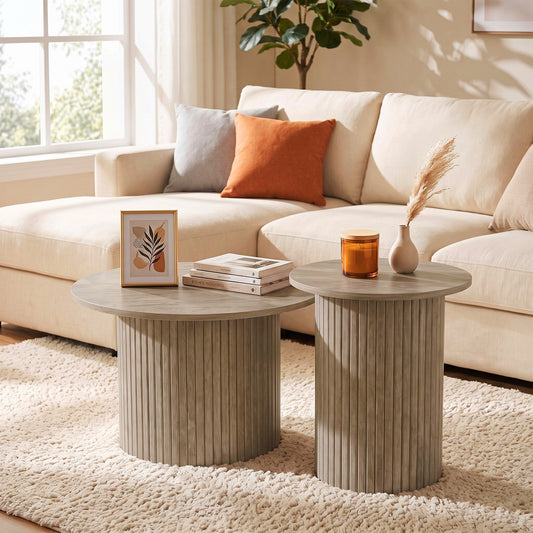 Table basse gigogne ronde bois vieilli — Lot de 2