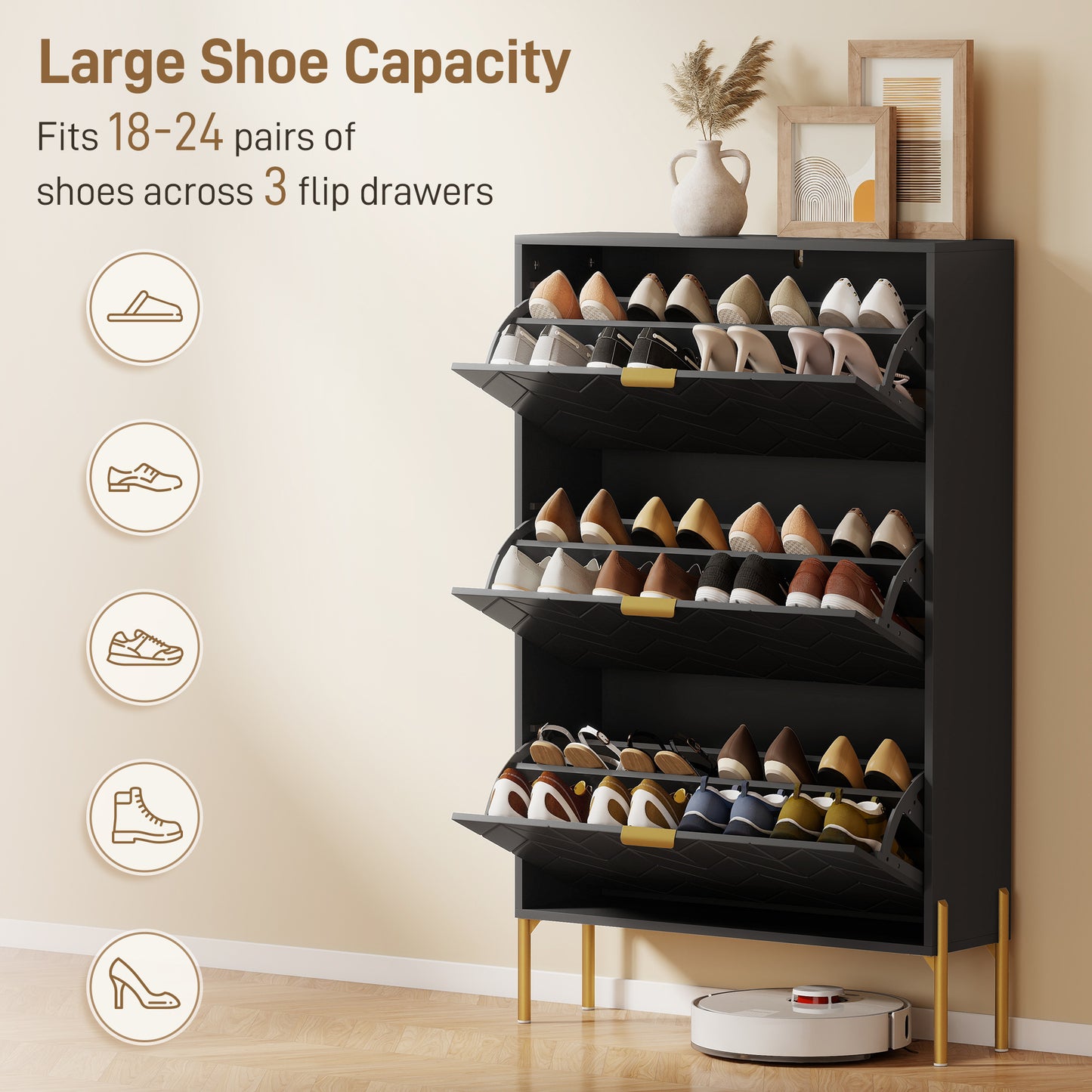 Armoire à chaussures 3 tiroirs rabattables 18–24 paires