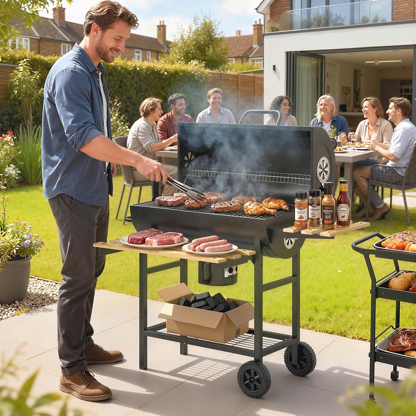 BBQ au charbon avec tablettes pliables et roulettes