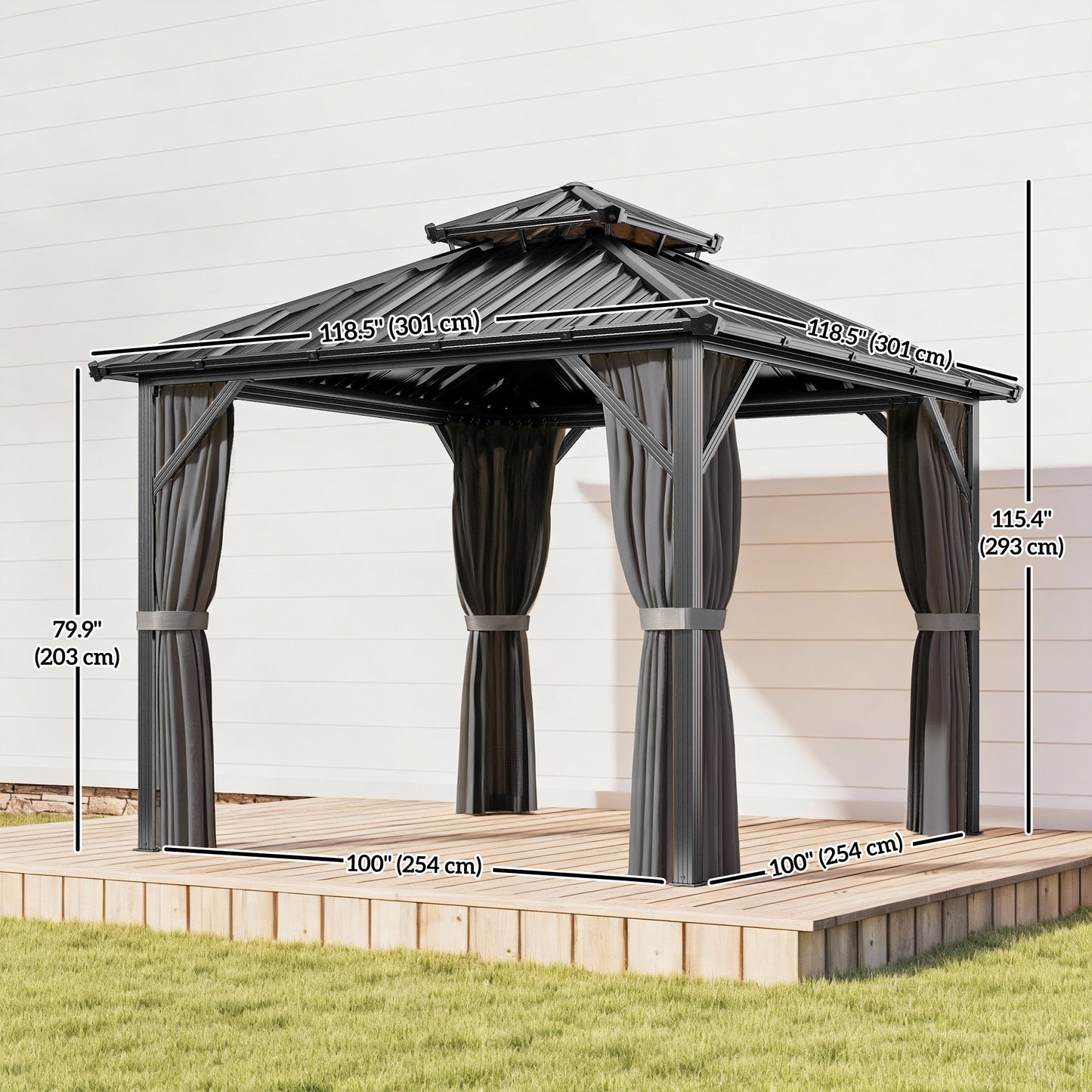 Gazébo Outsunny 3x3m Toit Dur Acier Galvanisé Cadre Aluminium Gris Foncé