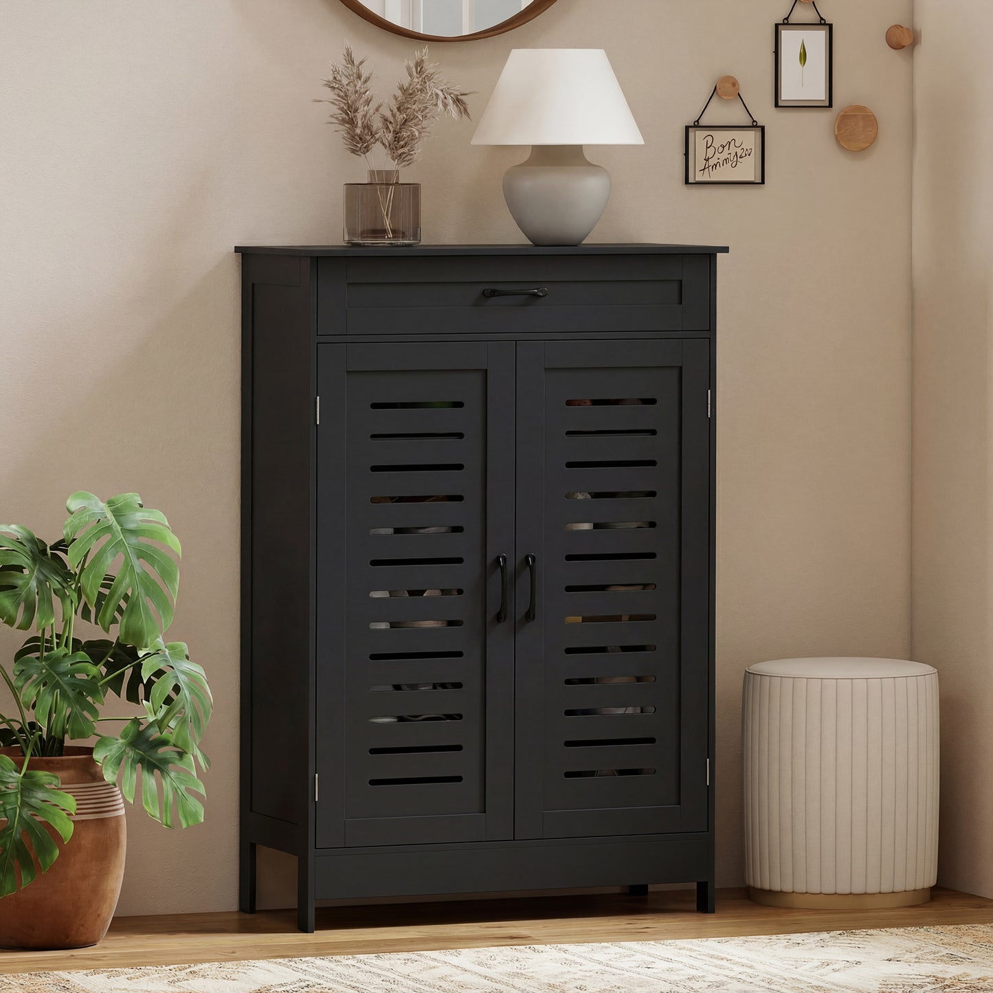 Armoire à chaussures portes persiennées avec tiroir