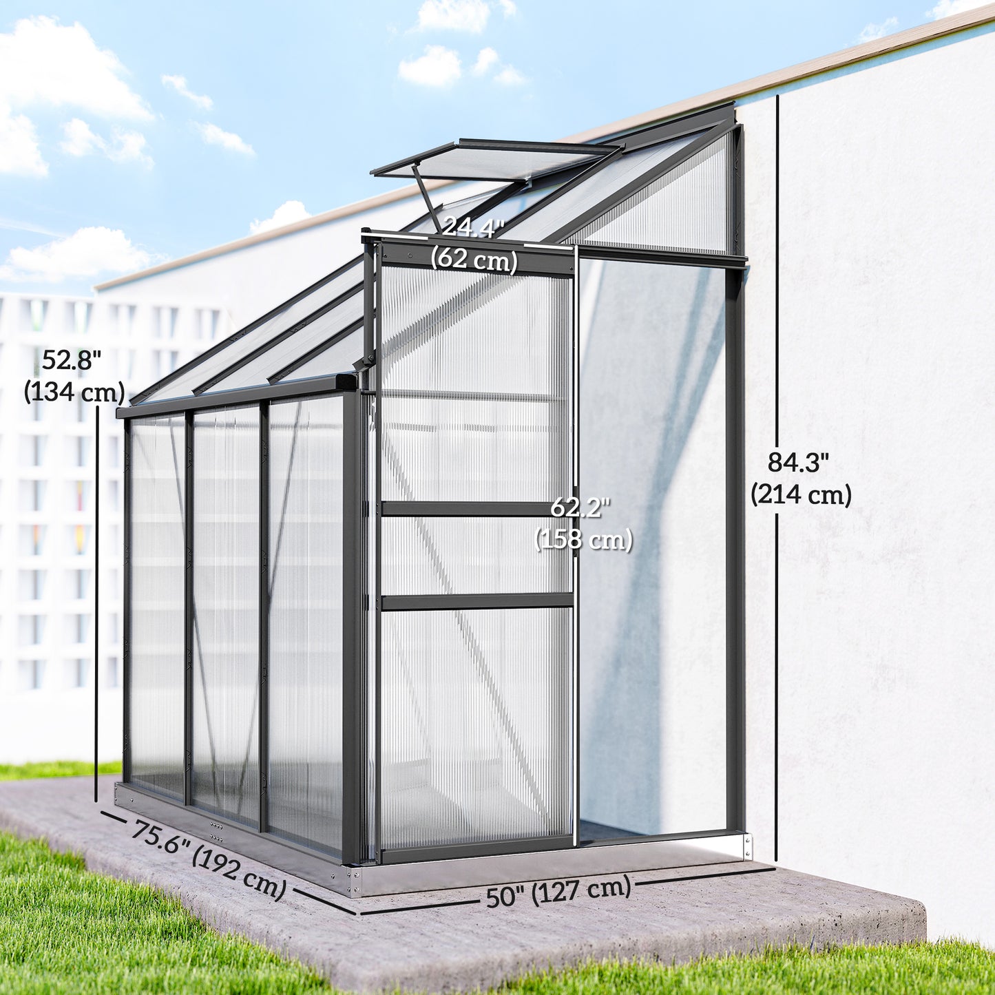  Lean-to Greenhouse Aluminium 192x127cm Polycarbonate Dark Grey