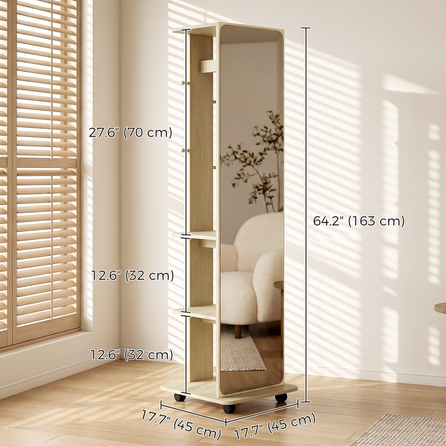 Miroir sur roulettes avec rangement et patères