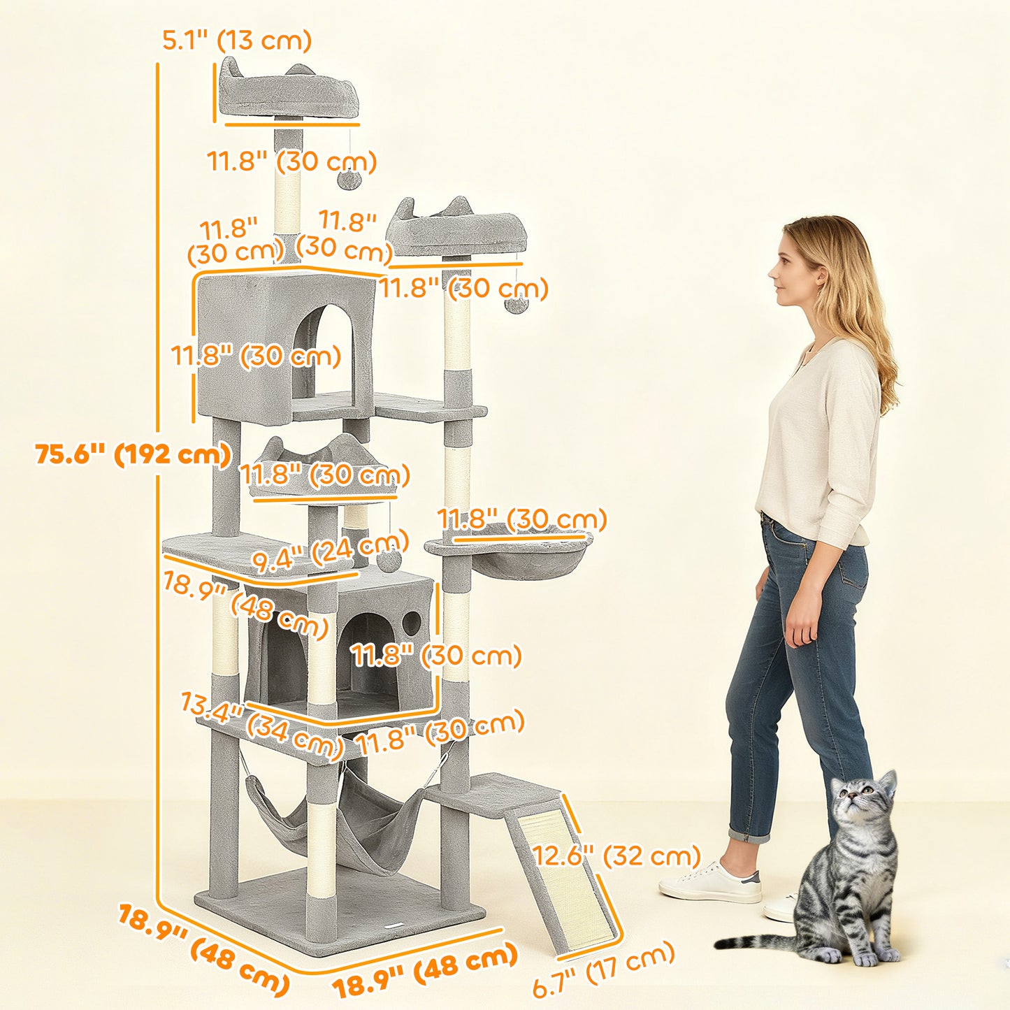 Arbre à chat multi-niveaux 192 cm avec 8 griffoirs