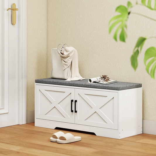 Banc à chaussures avec coussin et rangement d'entrée