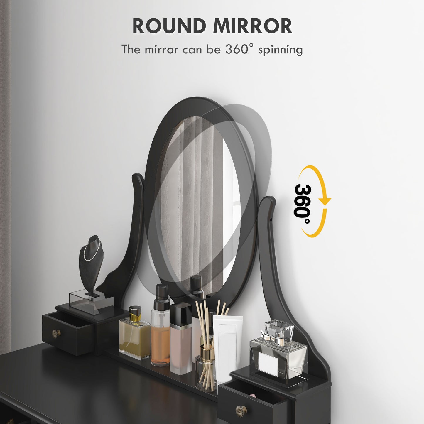 Coiffeuse avec tabouret miroir rotatif 360° 5 tiroirs