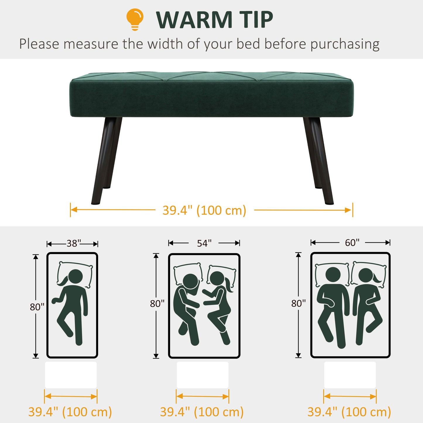 Banc de lit capitonné velours — pieds en acier