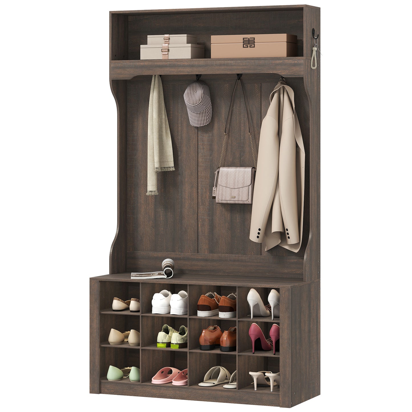 Hall tree 4-en-1 avec banc et 12 casiers à chaussures