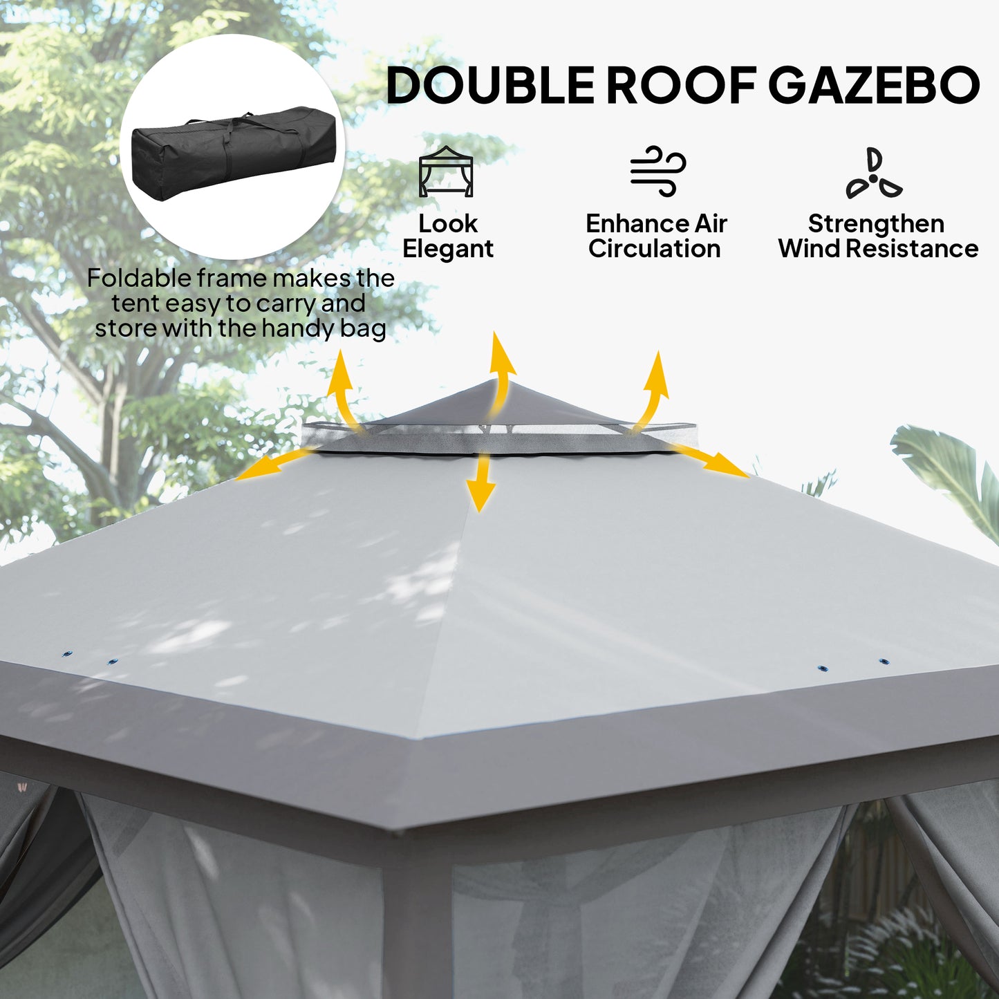 Gazebo pop-up double toit avec moustiquaire 3,35 m x 3,35 m