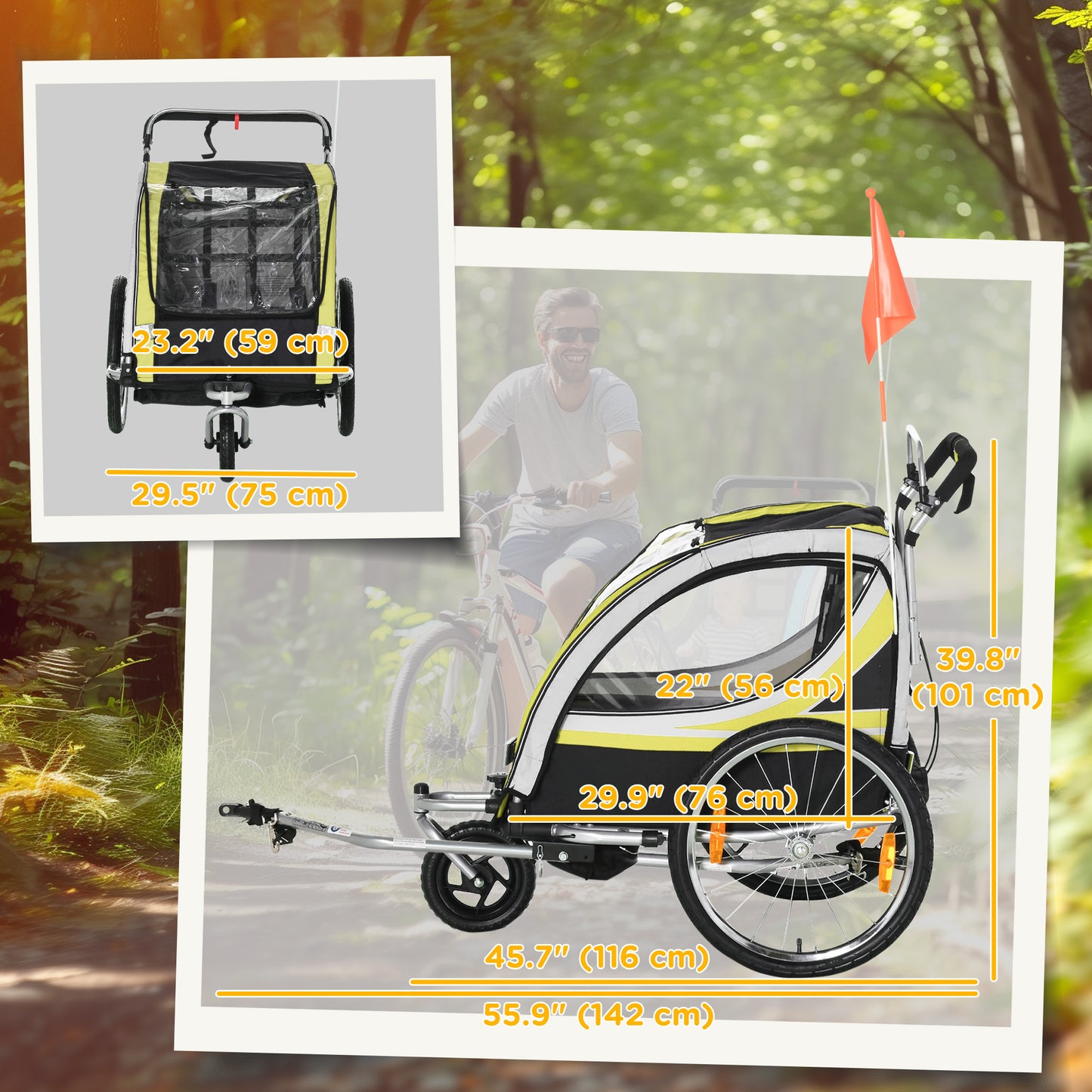 Remorque vélo double 2-en-1 avec poussette pour enfants
