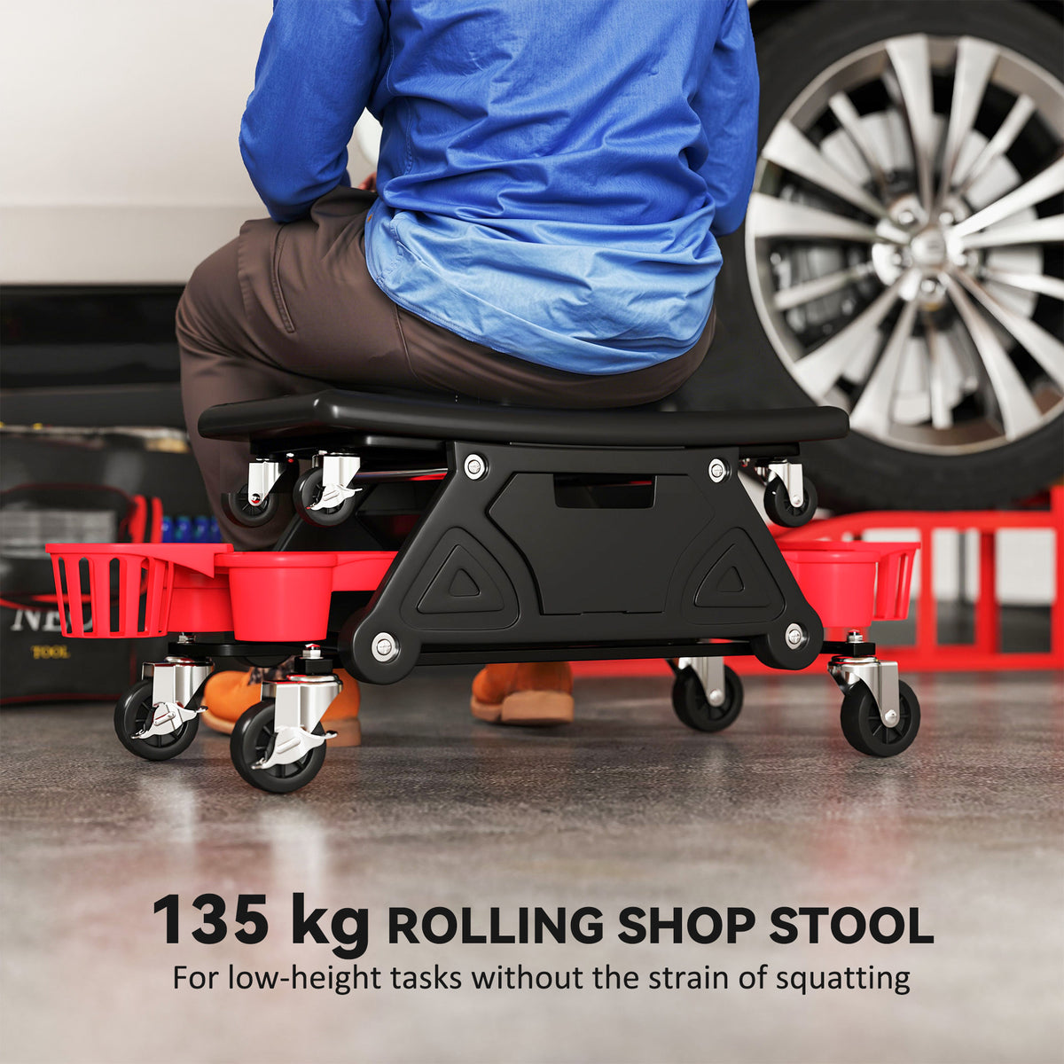 Tabouret de garage roulant avec roulettes et plateaux à outils