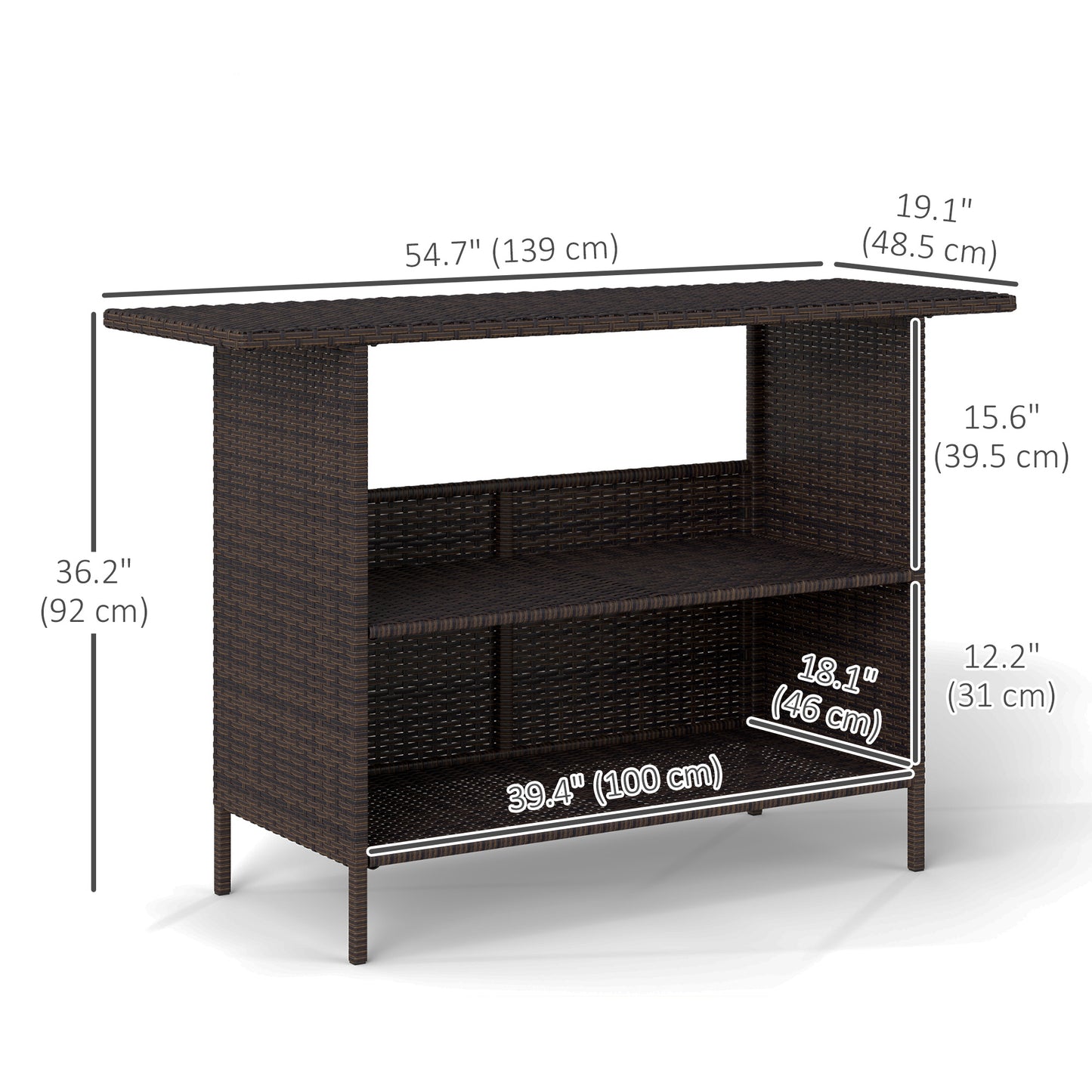 Table de bar en rotin tressé avec 2 tablettes
