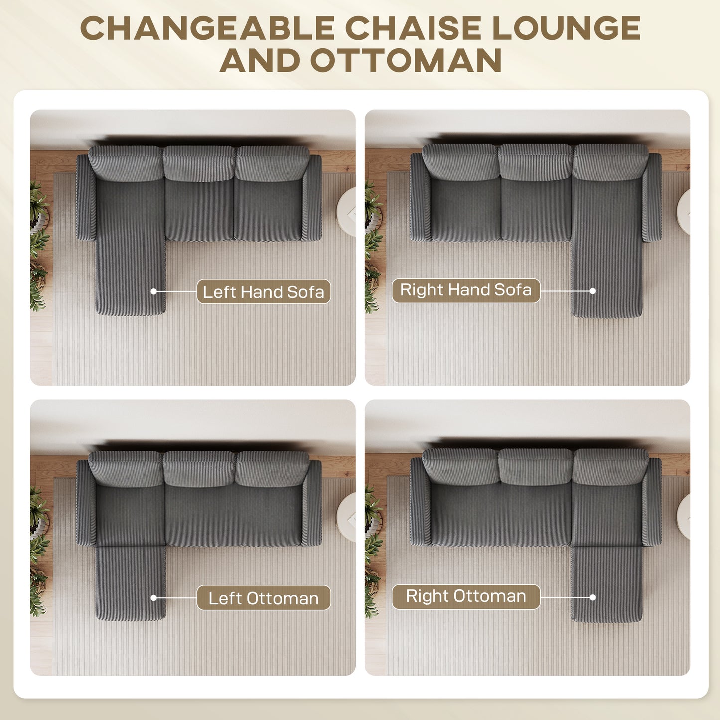 Sofa sectionnel en L avec chaise longue ou pouf