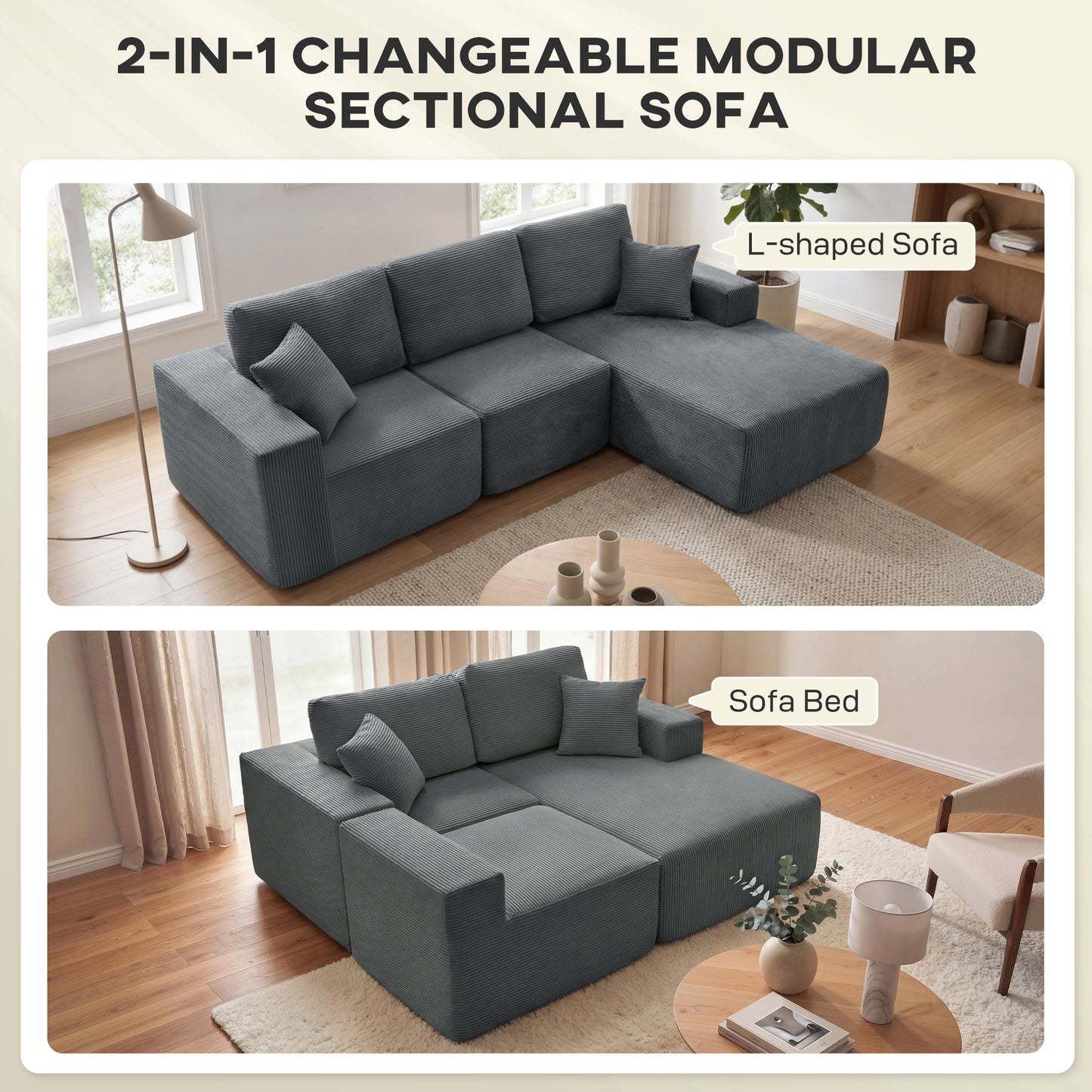 Sofa sectionnel modulaire 2-en-1 forme L en velours côtelé