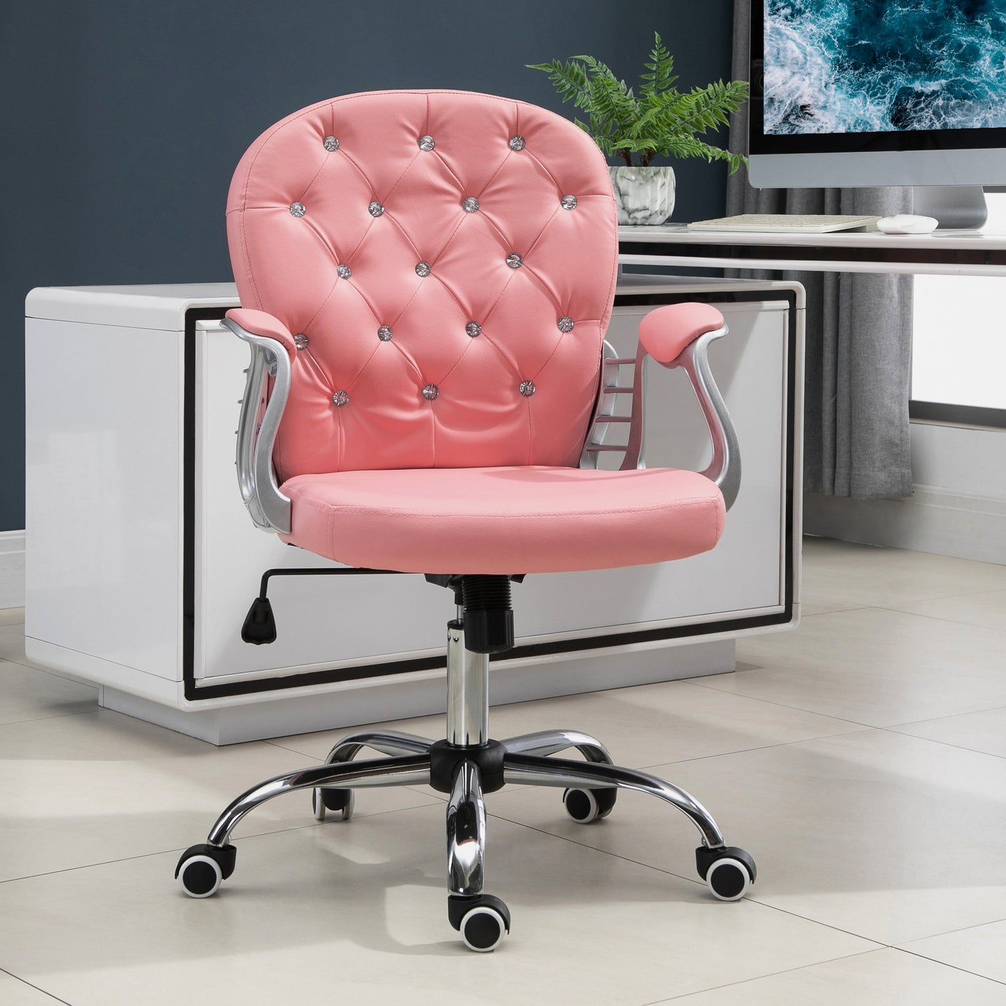 Chaise de bureau capitonnée cuir synthétique cristaux décoratifs