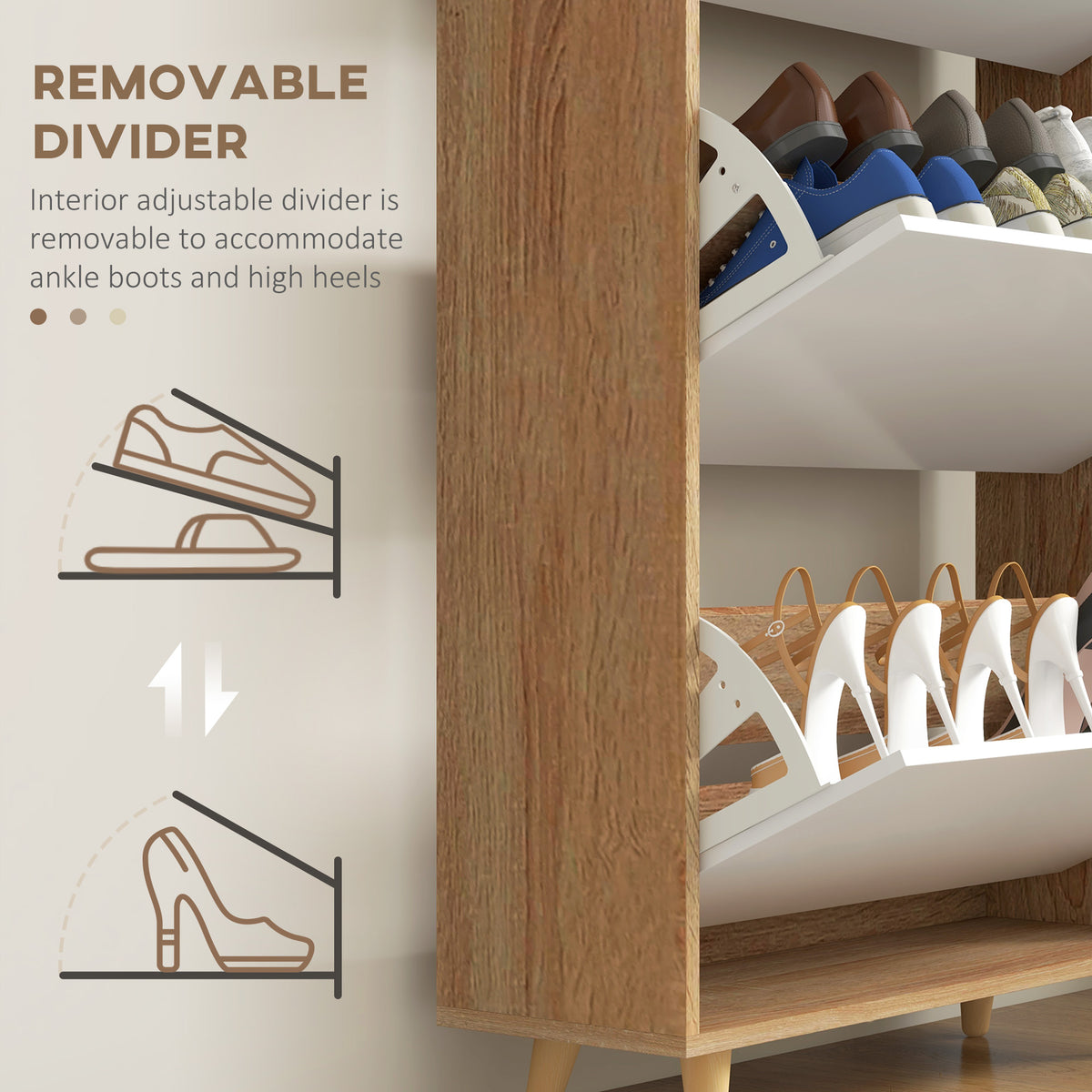 Meuble à chaussures étroit avec trois tiroirs basculants