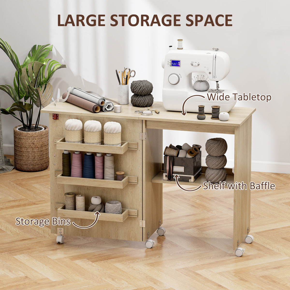 Meuble à coudre pliant avec rangement et roulettes