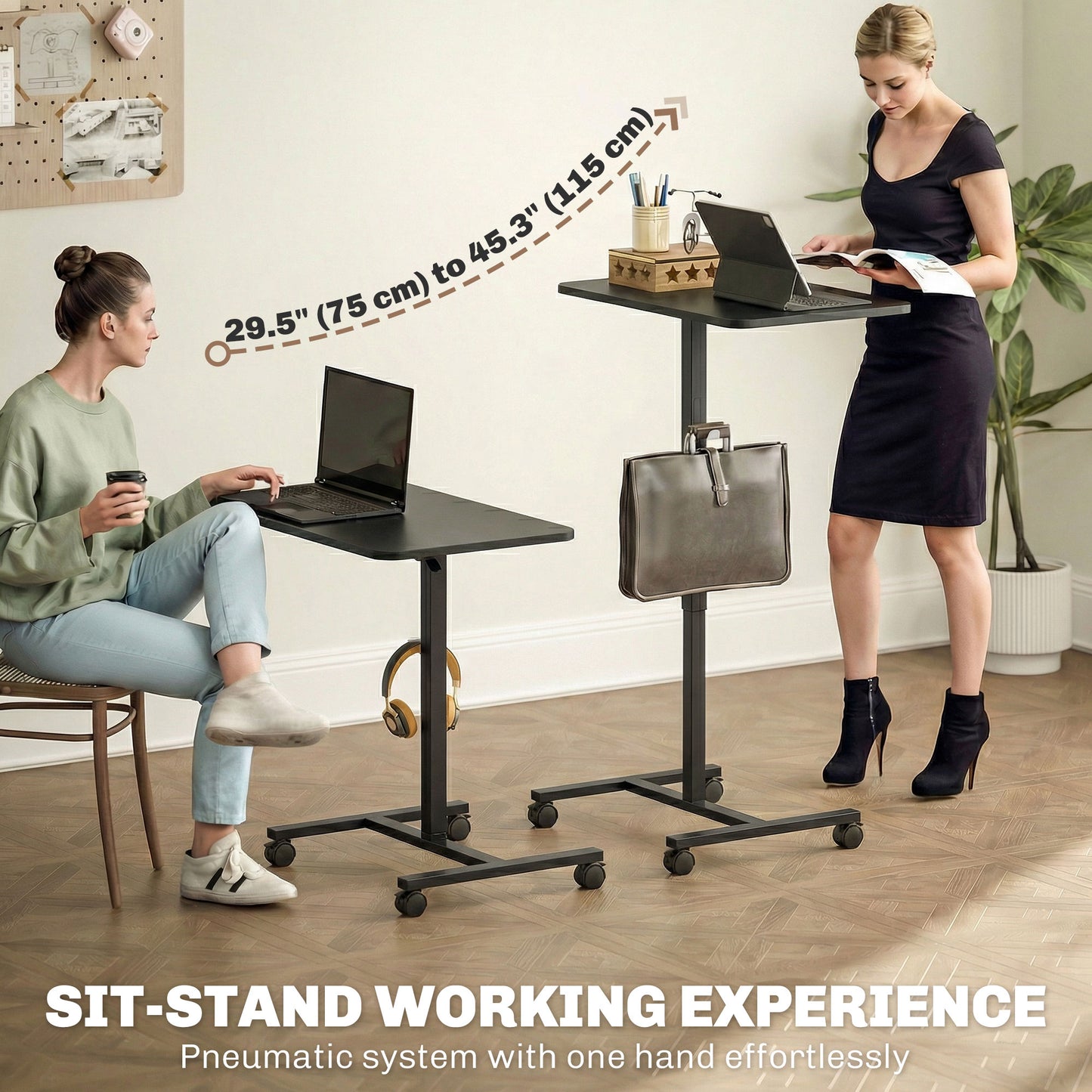 Bureau debout pneumatique ajustable avec roulettes