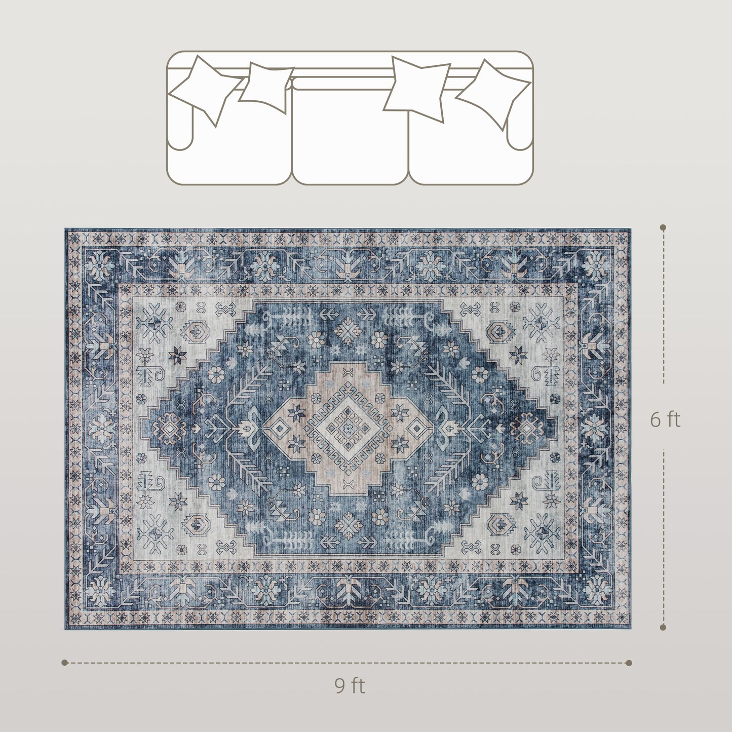 Tapis de zone vintage lavable antidérapant 6x9