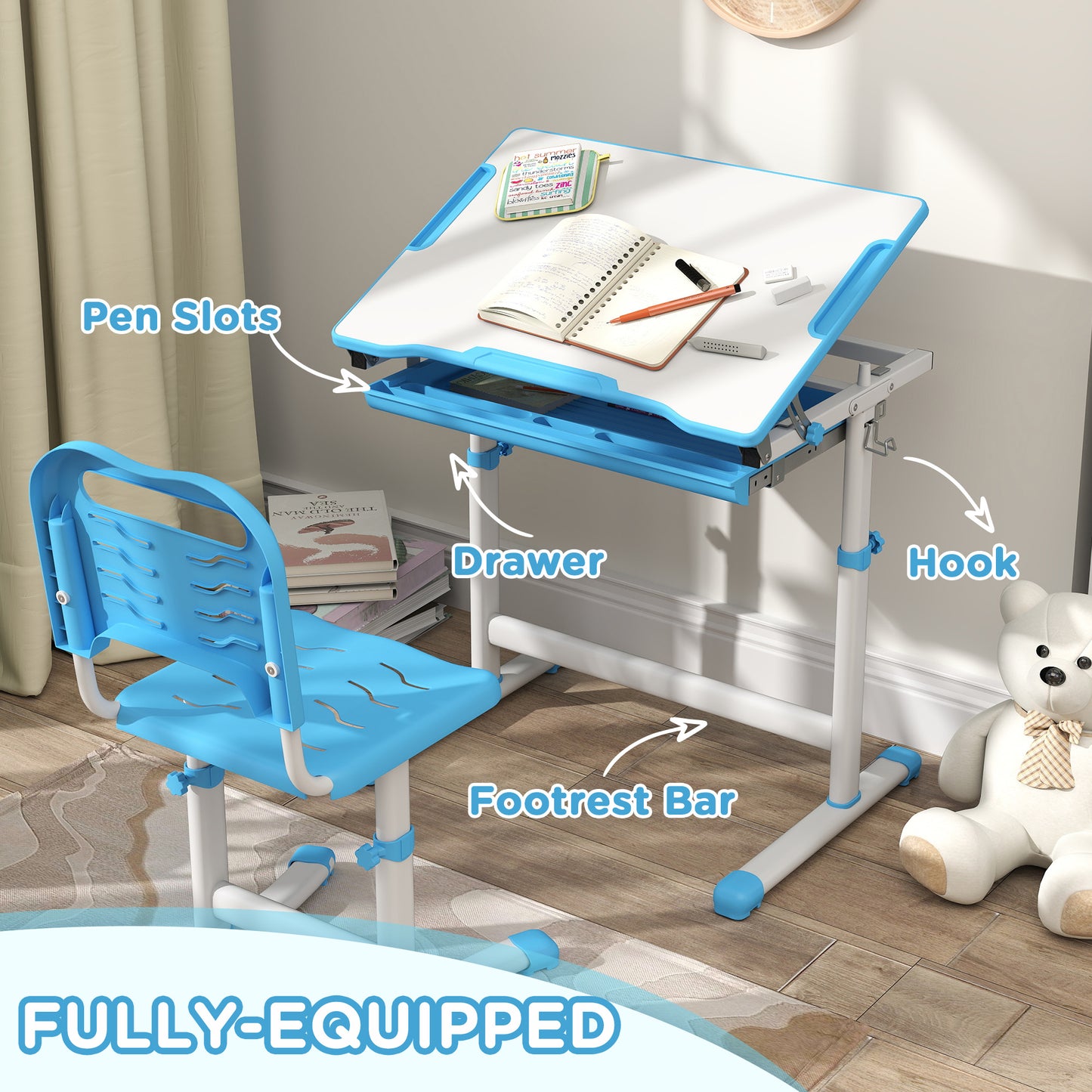 Bureau d'étude ajustable avec chaise et tiroir enfant