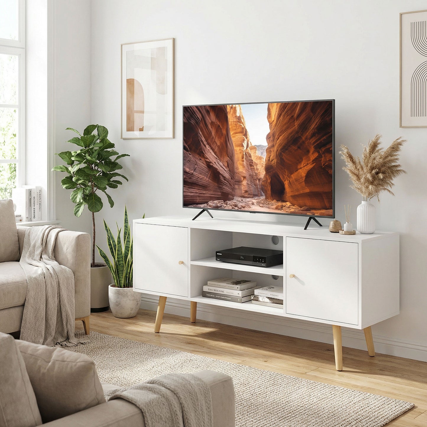 Meuble télé rangement 55 pouces pattes bois