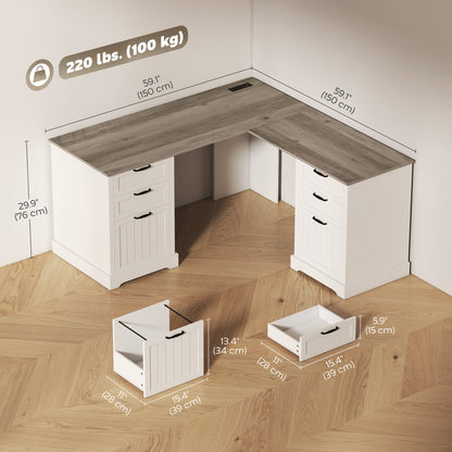 Bureau en L avec prises et six tiroirs
