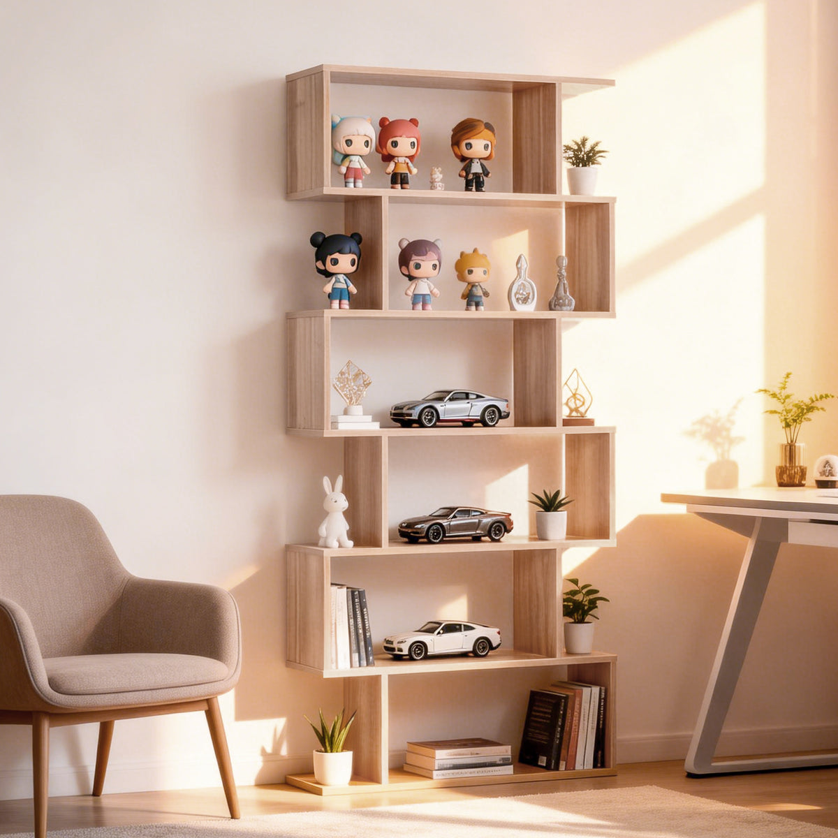 Bibliothèque géométrique moderne à 6 niveaux en bois