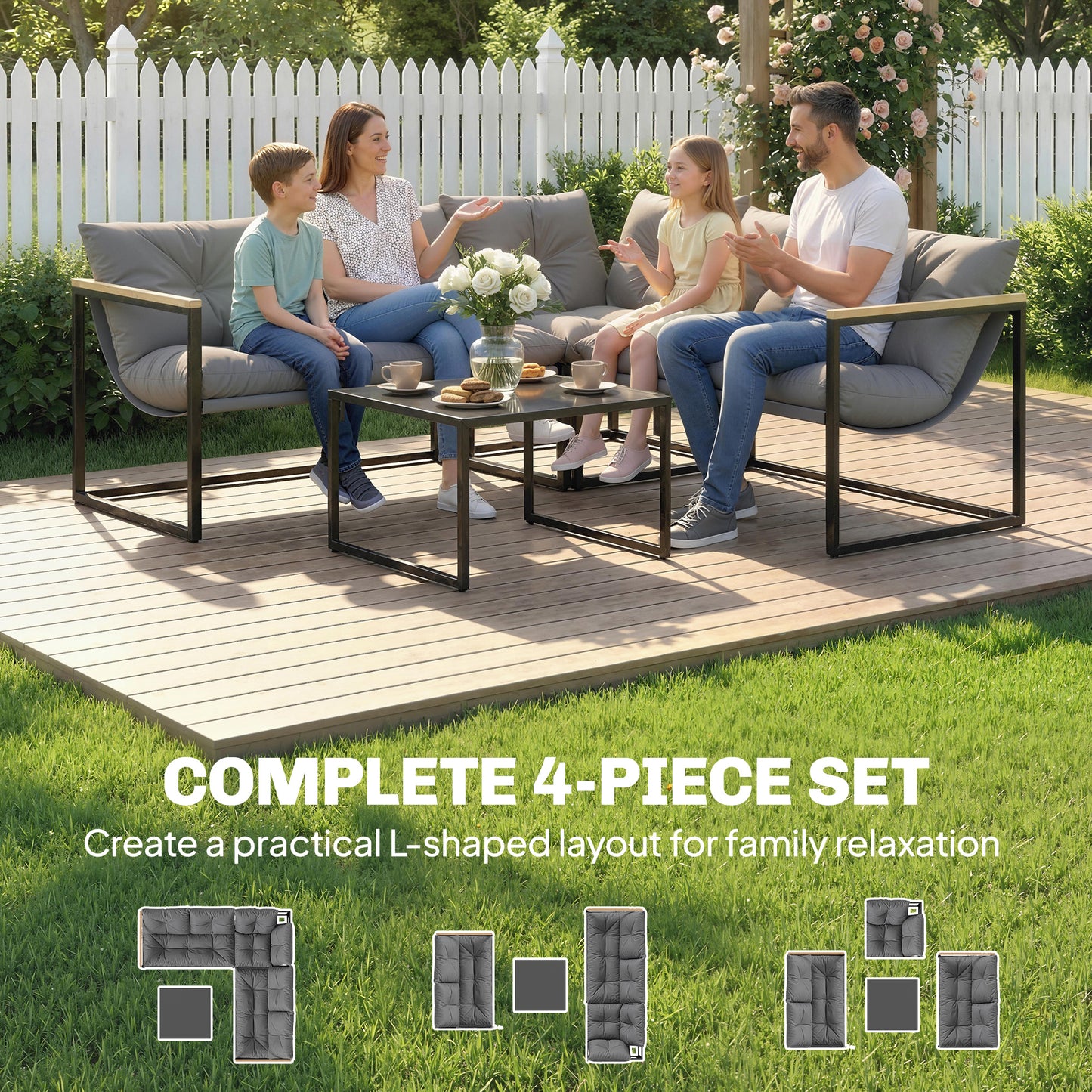 Outsunny 4-Piece Patio Conversation Set with Thick Cushions - Grey