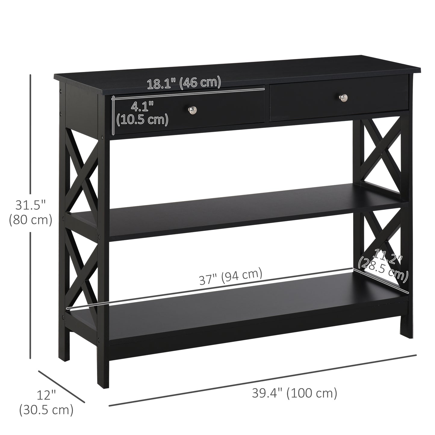 Table console étroite 99 cm avec tiroirs et étagères