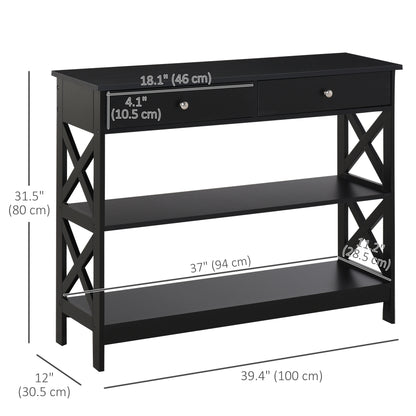 Table console étroite 99 cm avec tiroirs et étagères