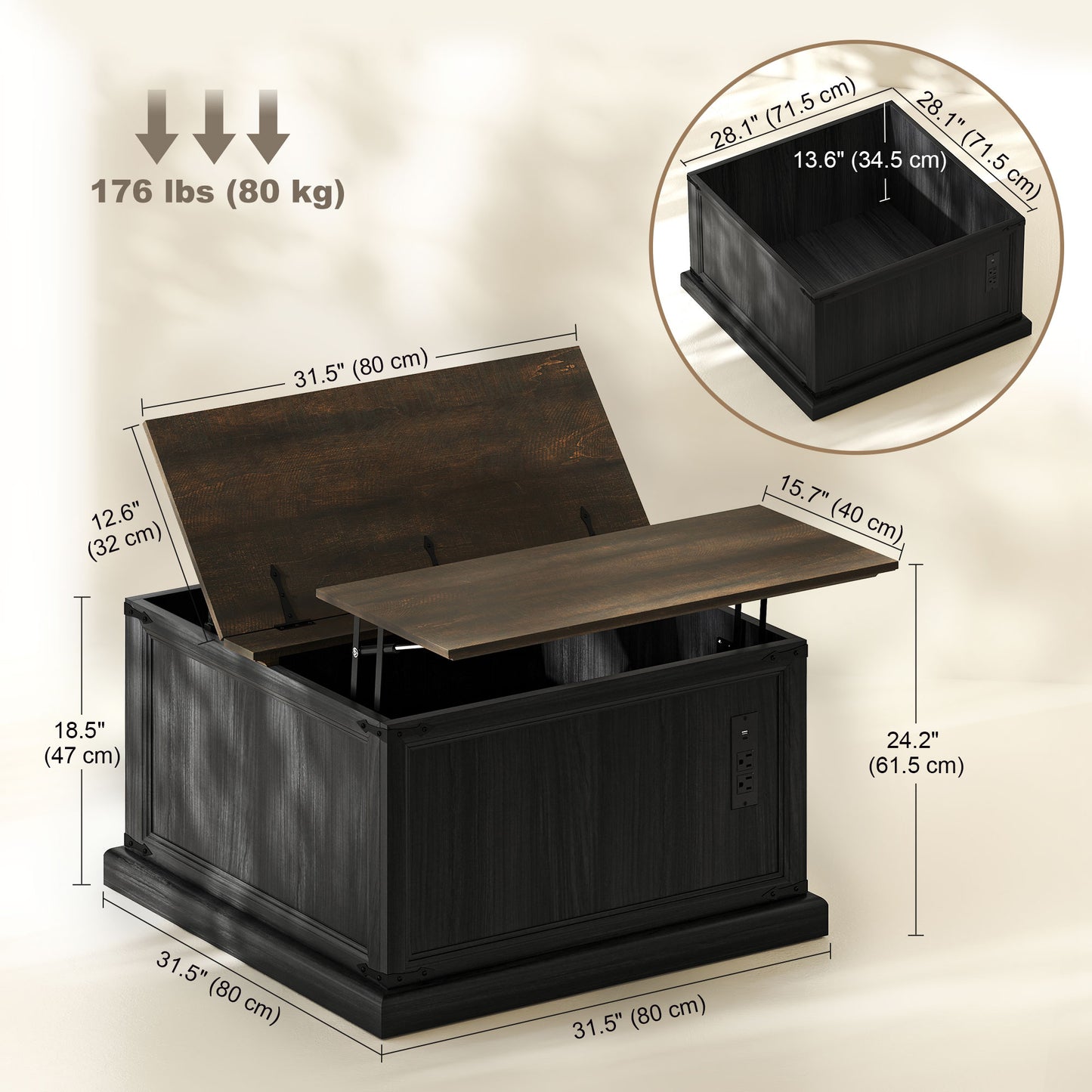 Table basse relevable avec station de recharge et rangement