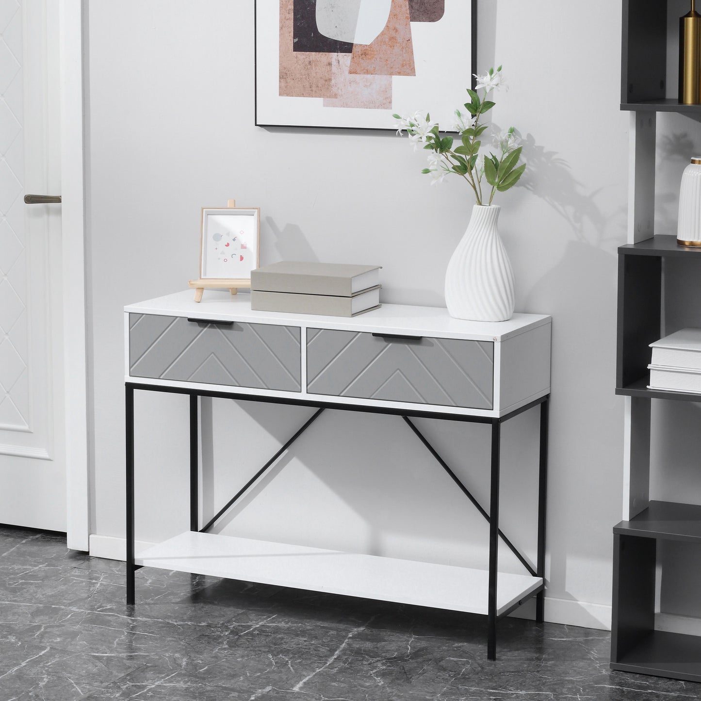 Table console 2 tiroirs avec tablette de rangement