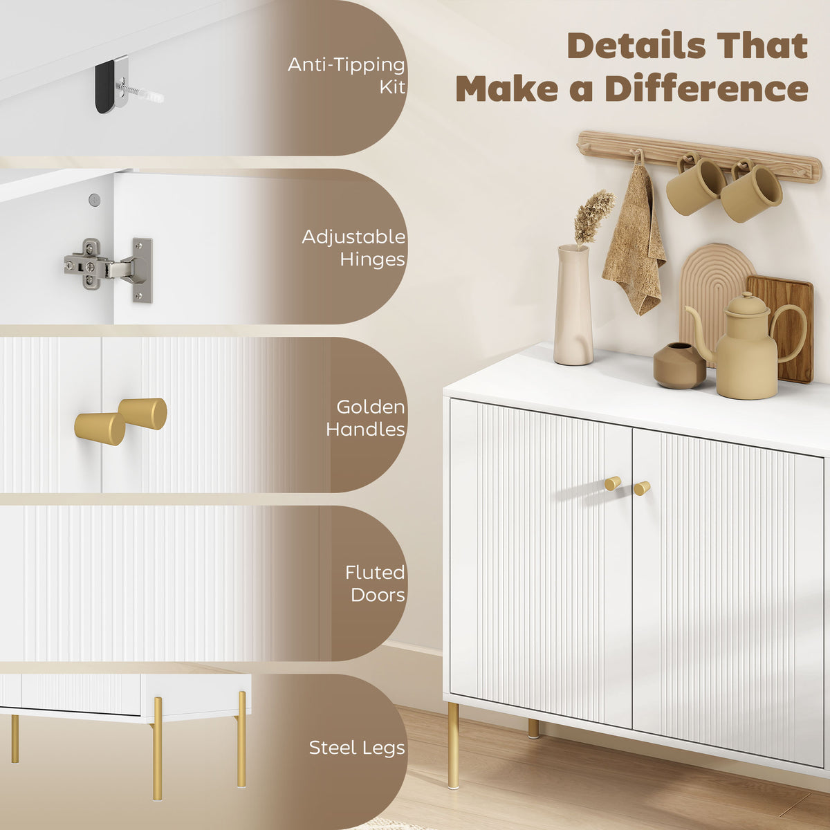 Buffet moderne avec portes cannelées et étagère réglable