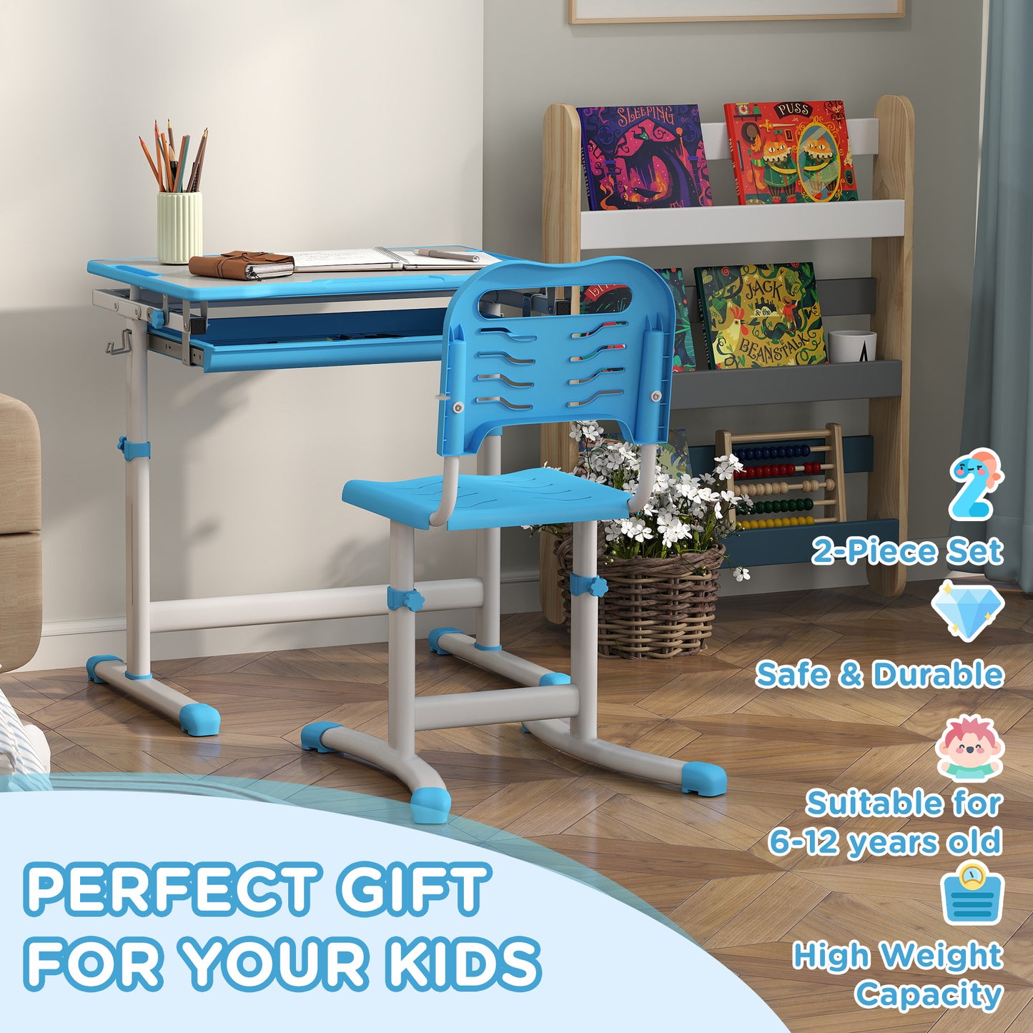 Bureau d'étude ajustable avec chaise et tiroir enfant