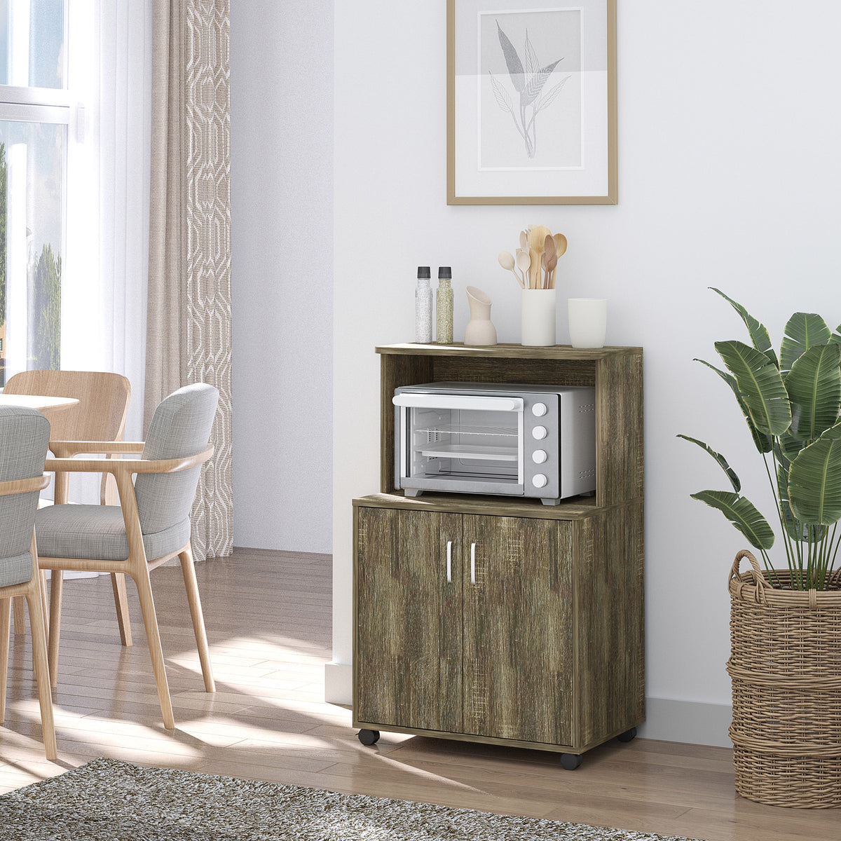 Chariot micro-ondes avec rangement et cabinet 2 portes