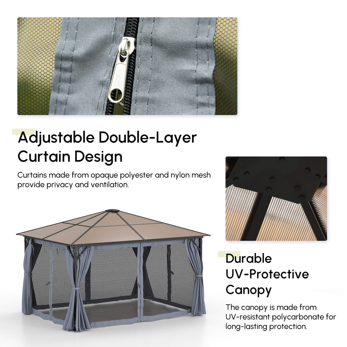 Gazebo aluminium toit rigide avec rideaux et moustiquaires