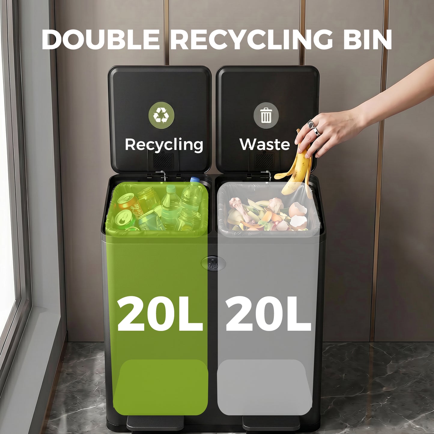 Poubelle double à pédale fermeture douce 2x20L