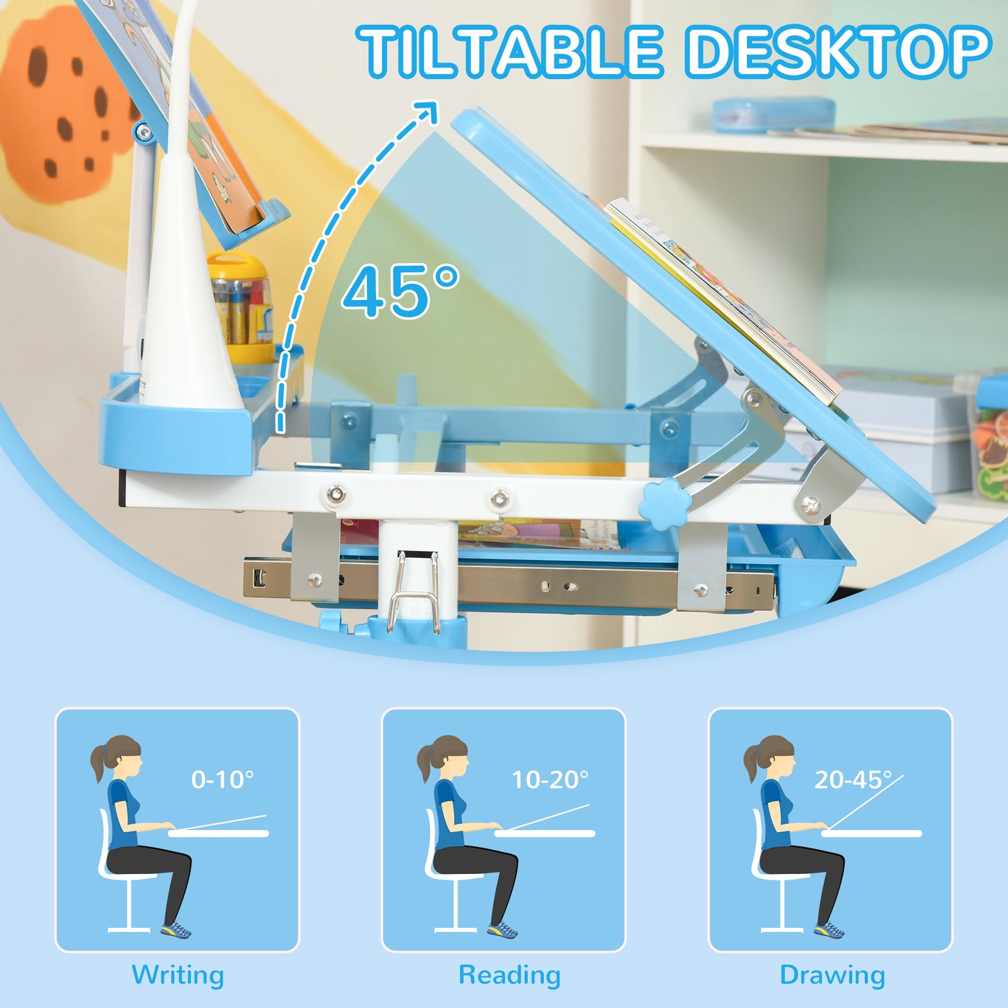 Bureau enfant ajustable avec chaise et lampe LED