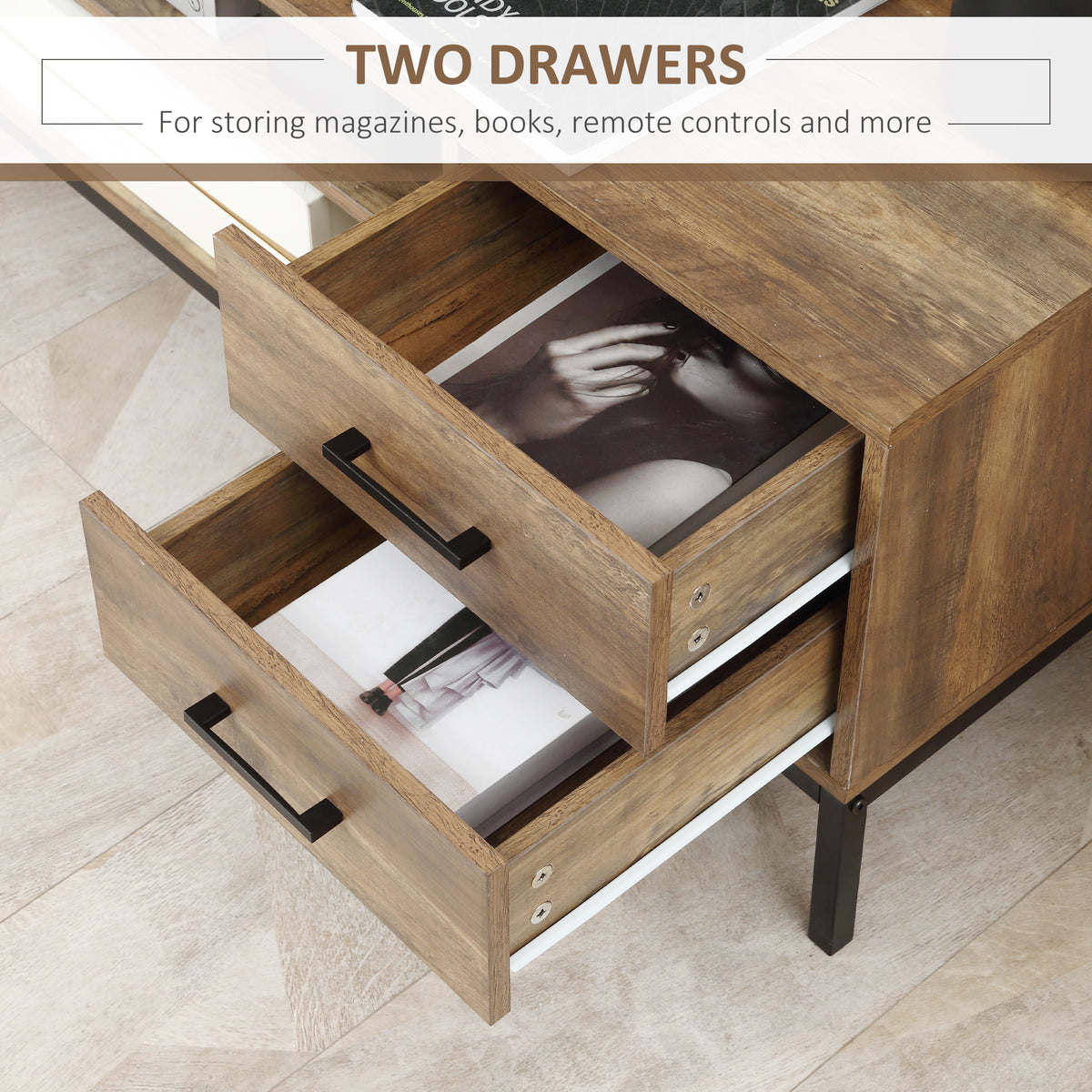 Meuble TV moderne avec rangement et tablettes ouvertes
