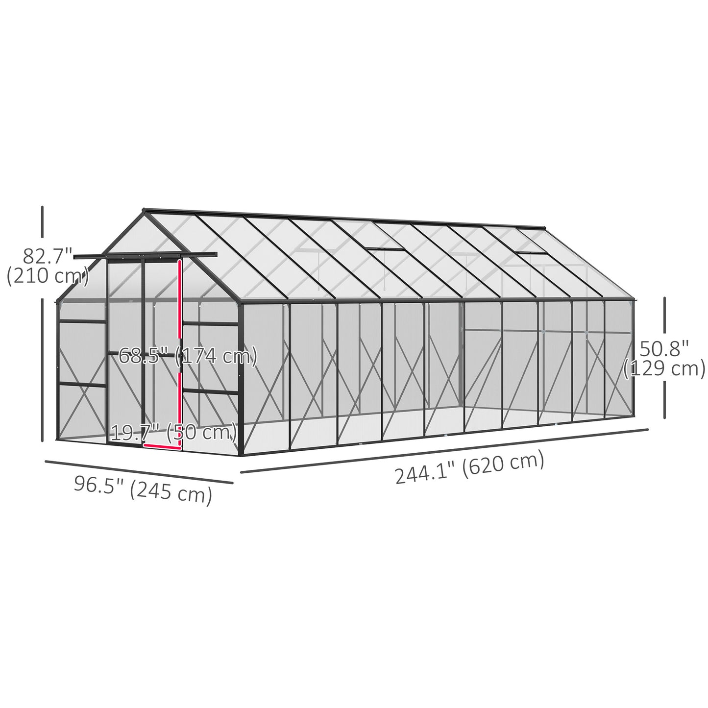  6.1m x 2.4m Aluminum Greenhouse - Sliding Door and Ventilation
