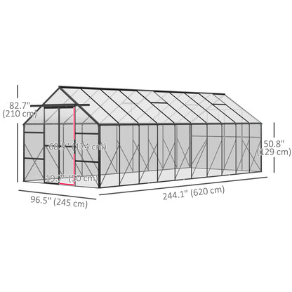  6.1m x 2.4m Aluminum Greenhouse - Sliding Door and Ventilation