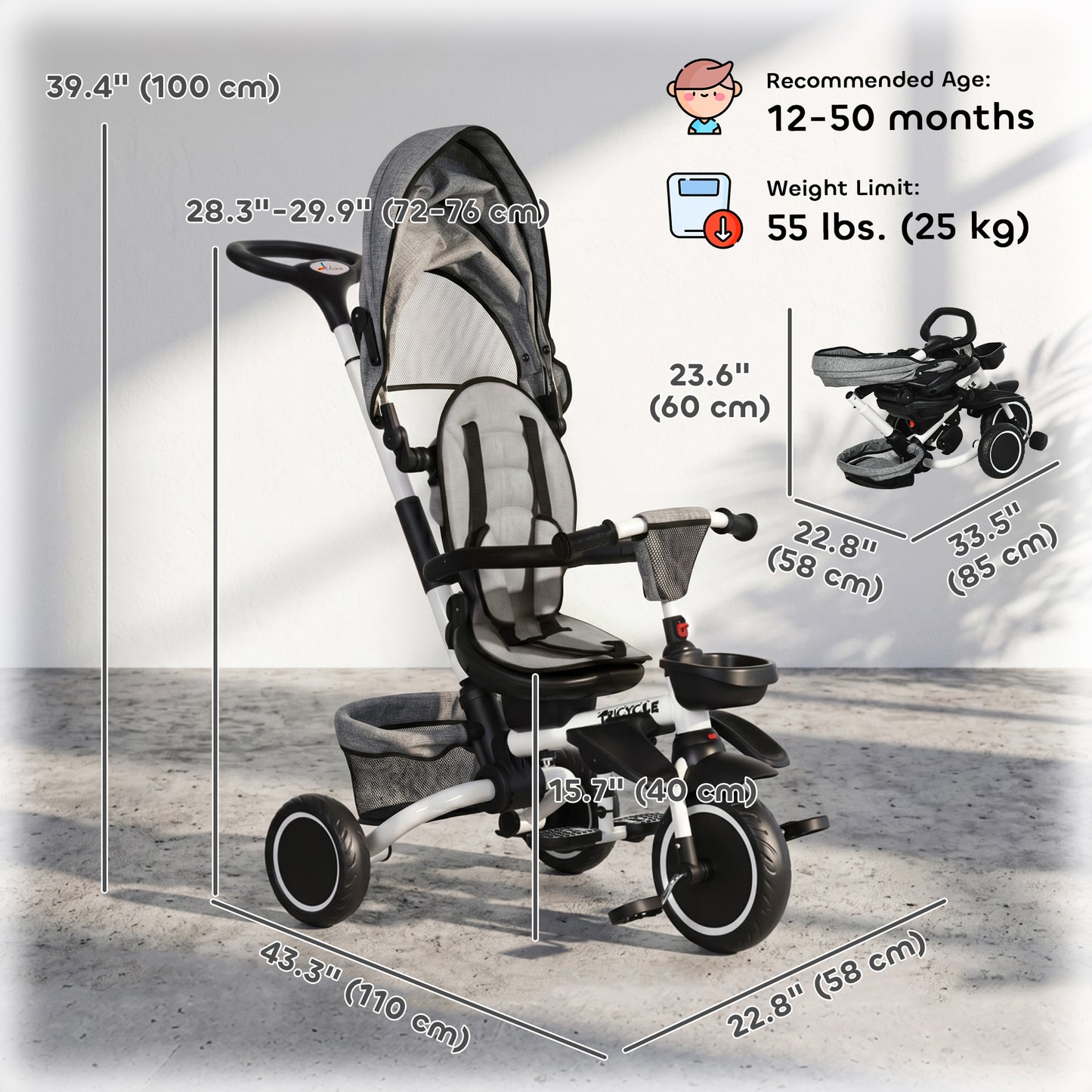Tricycle évolutif 6-en-1 convertible poussette vélo enfant