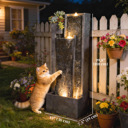 Fontaine d'eau extérieure 3 étages avec lumières LED et jardinière