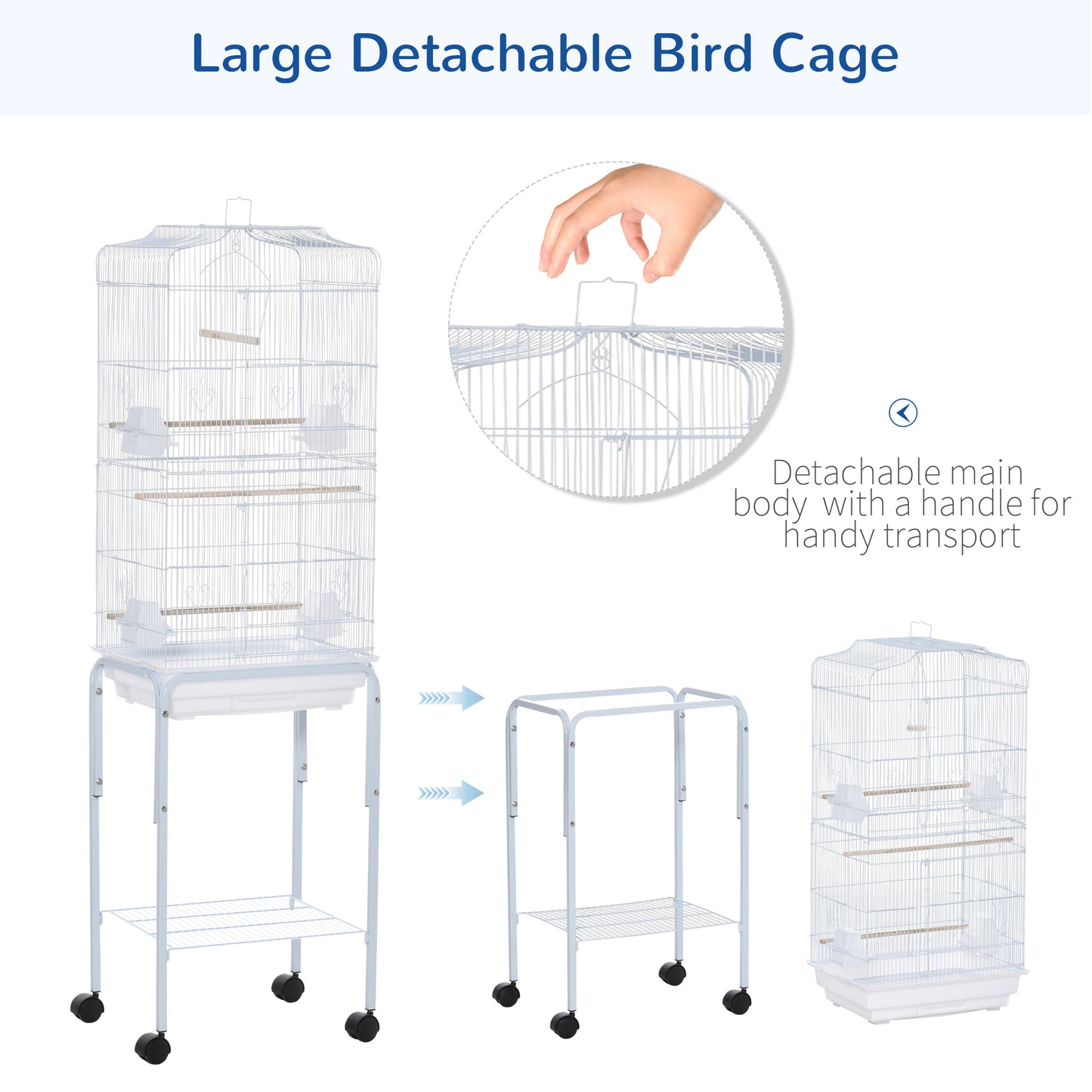Cage à oiseaux sur roulettes avec tablette de rangement