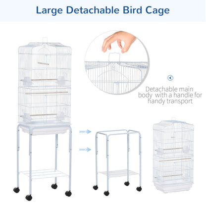 Cage à oiseaux sur roulettes avec tablette de rangement