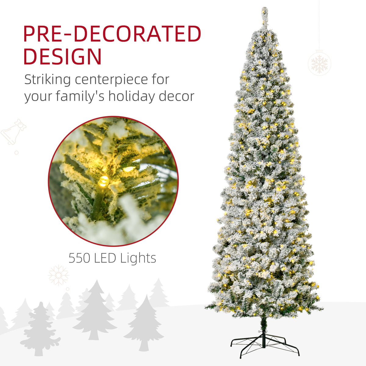 Sapin de Noël artificiel mince enneigé avec lumières DEL