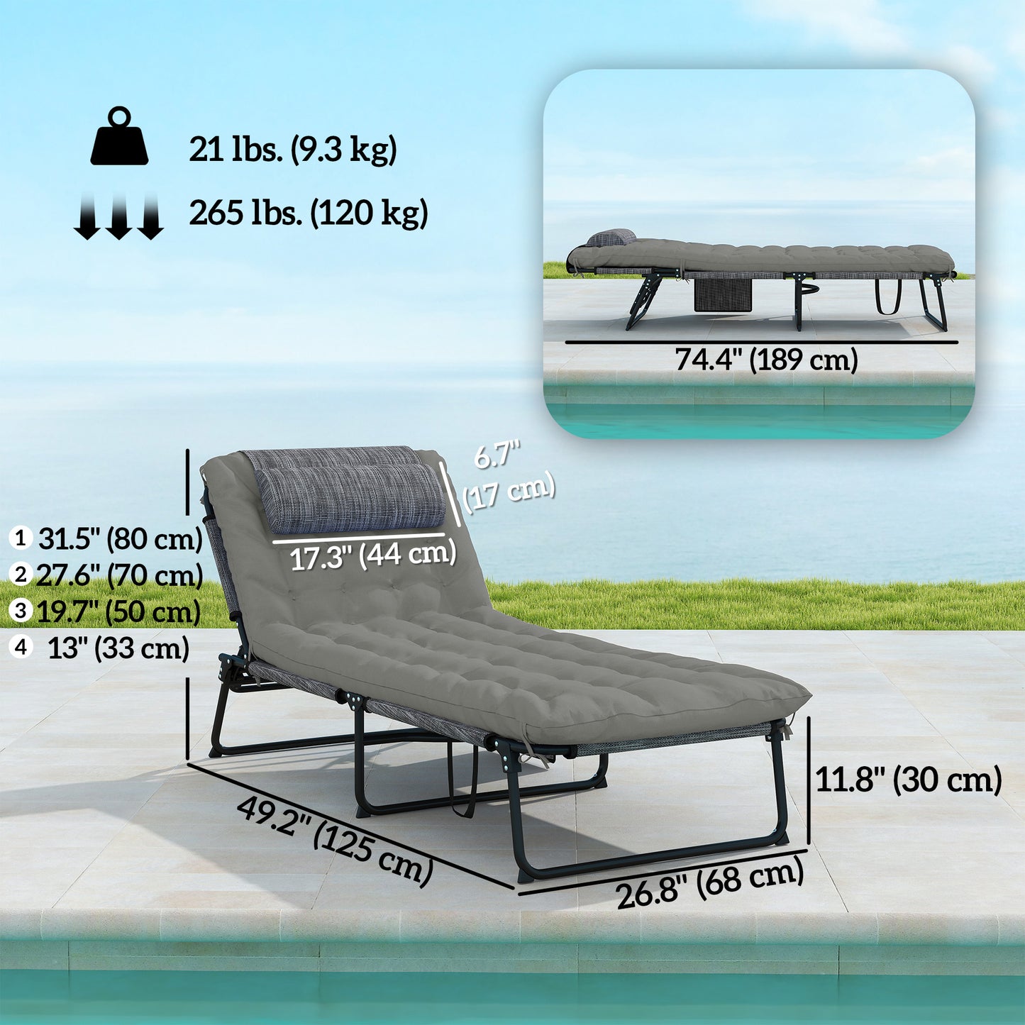Chaise longue pliante 4 positions avec coussin