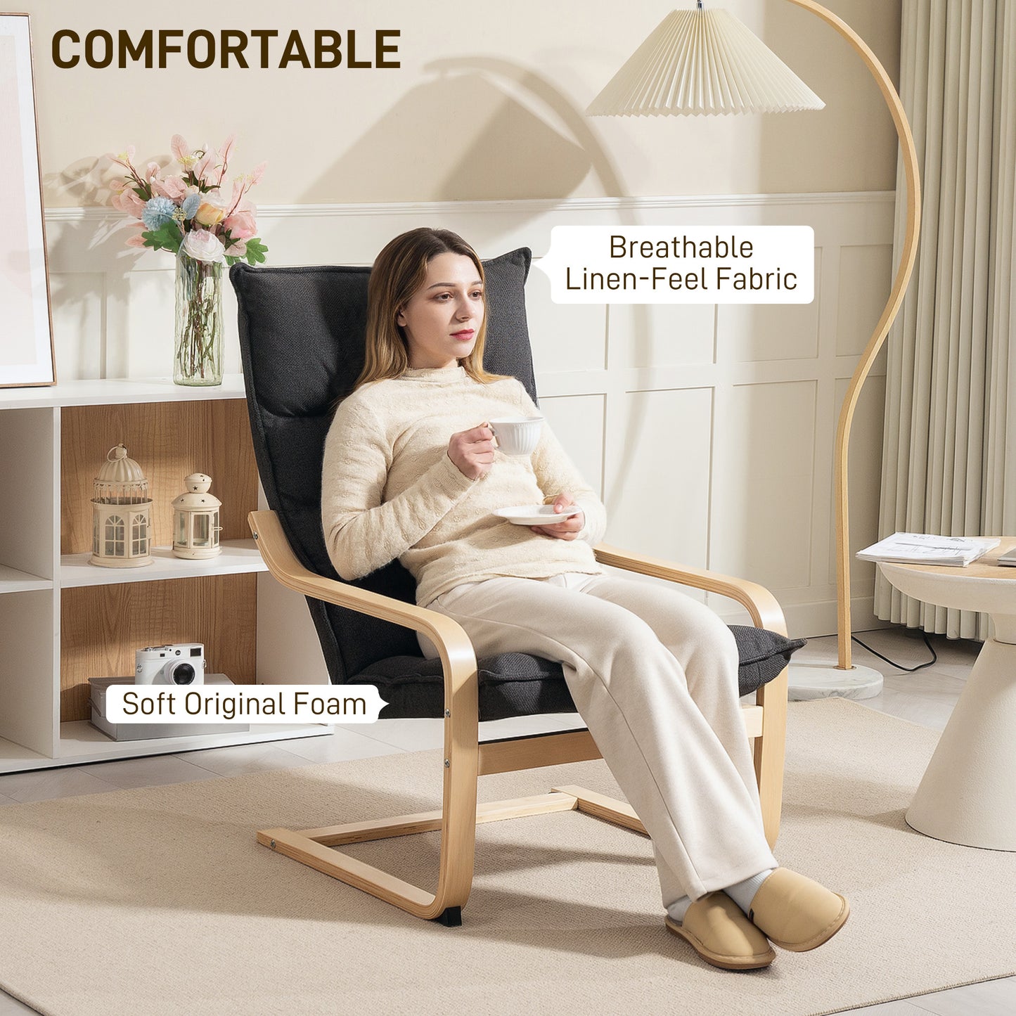 Fauteuil d'accent moderne avec accoudoirs en bois et mouvement berçant