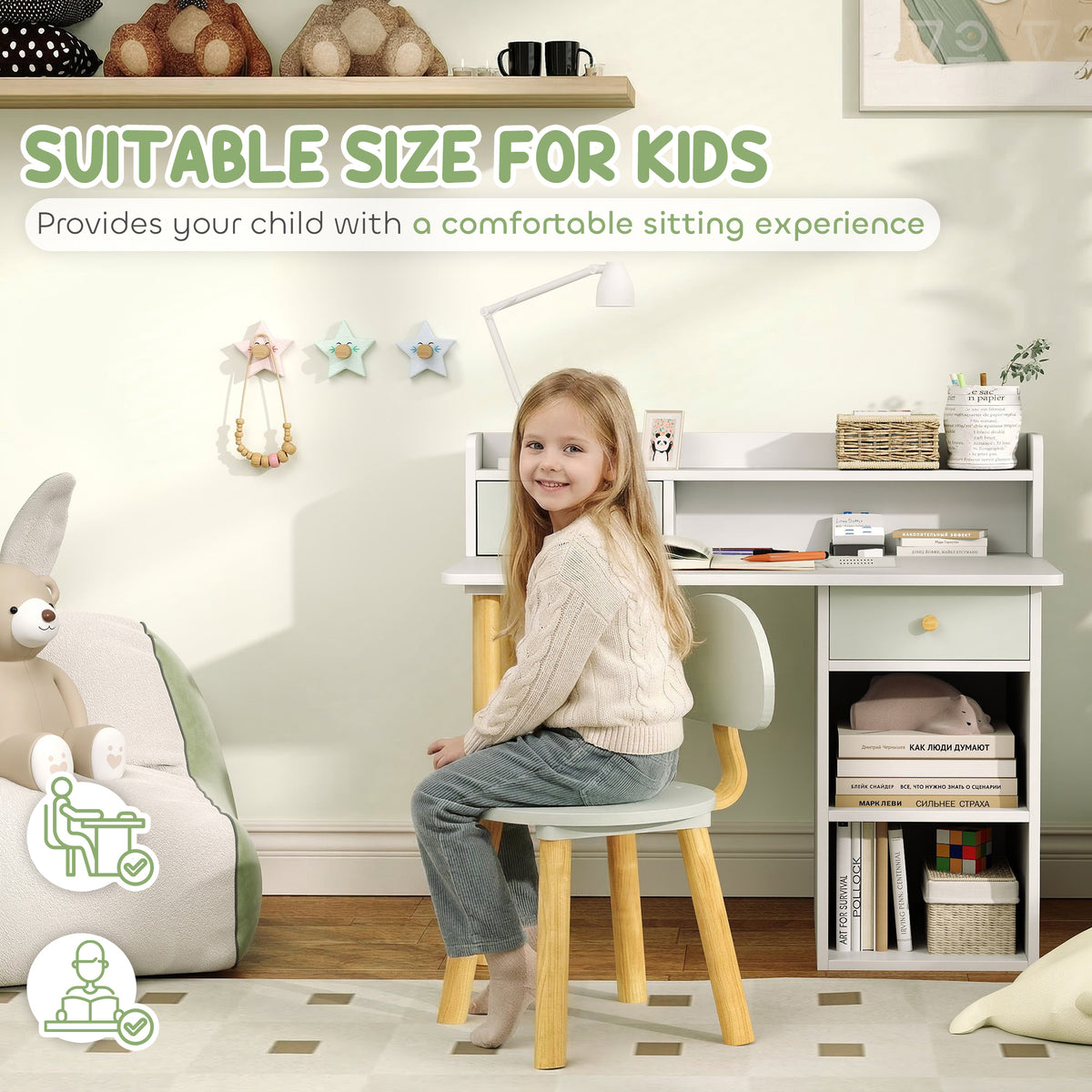 Bureau d'étude et chaise pour enfants avec rangement